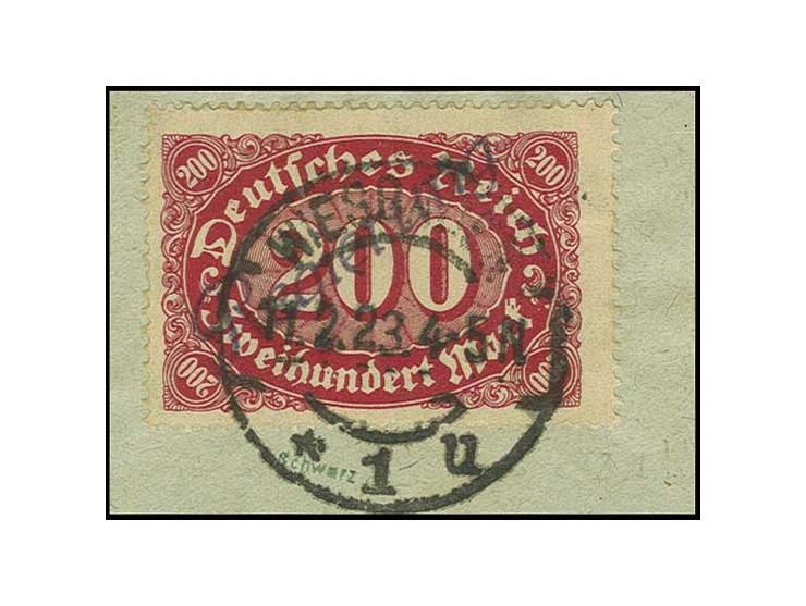 200 M. mit Aufdruck in Type IIII, sauber gestempelt "WIESBADEN 11.2.23" auf Briefstück, Kabinett, u.a. sign. Infla und Fotoat
