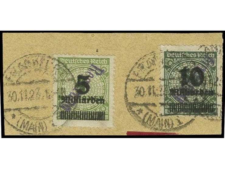 1923, 10 Mrd. auf 50 Mio. M. mit 5 Mrd. auf 4 Mio. M. (Aufdruck kopfstehend), jeweils gestempelt "FRANKFURT 30.11.23" auf Bri