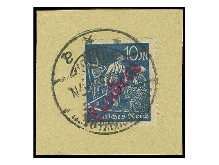 1922/23, 3 und 10 M., Aufdruck rot, jeweils sauber gestempelt auf 2 Briefstücken, Kabinett, u.a. sign. Peschl und Infla (10 M