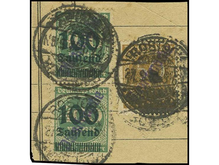 1923, ROSTOCK: 50 Tsd. M. und 100 Tsd. auf 400 M. im senkrechten Paar, gestempelt "ROSTOCK 27.9.23" auf Briefstück, Pracht, s