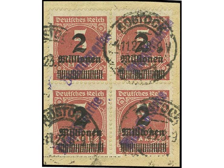 2 Mio. auf 5000 M. im 4er-Block mit Stempel "ROSTOCK 4.11.23" auf Briefstück, Kabinett, sign. Peschl und Infla (Mi. 1000,-)