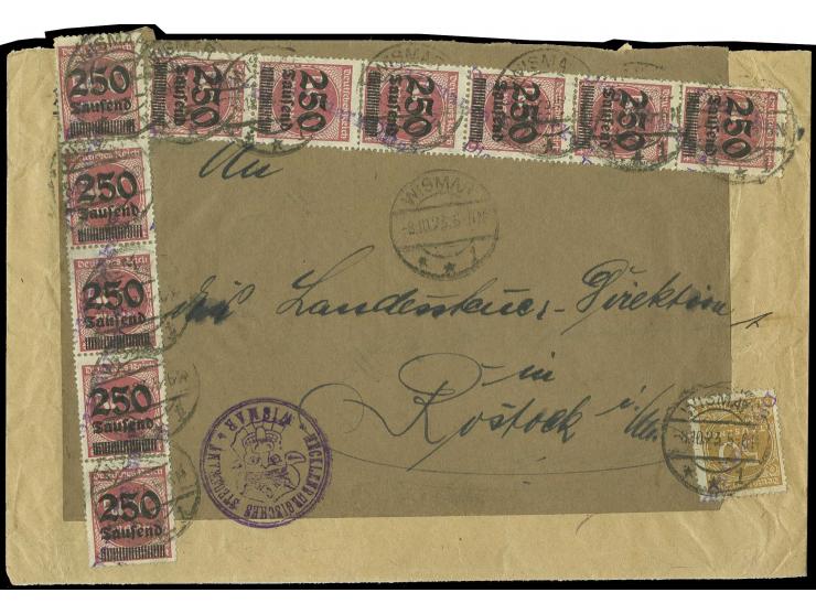 50 Tsd. M. mit 250 Tsd. auf 500 M. im 5er- und 6er-Streifen (ein Wert durch Randklebung kleine Mängel), gestempelt "WISMAR 8.
