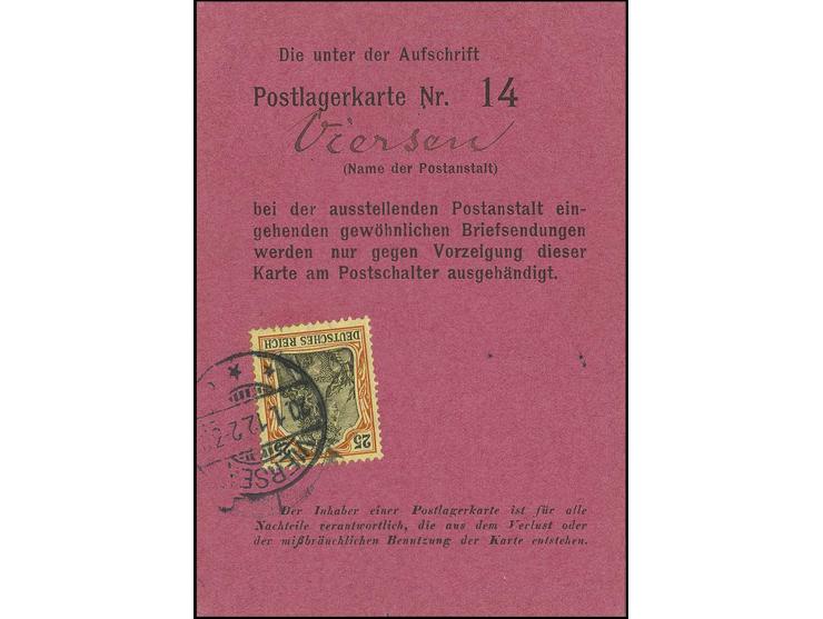 1912/32, 3 Postlagerkarten, 1mal frankiert mit Germania 25 Pfg. als Ausfertigungsgebühr sowie Ganzsache aus Argentinien an ei