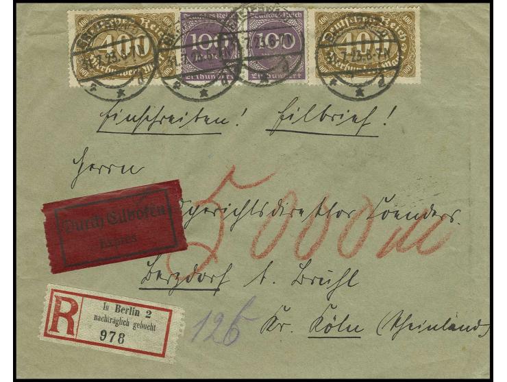 1922, Sondereinschreibezettel "in Berlin 2 nachträglich gebucht" auf portogerechtem Eil-R-Brief von "GREIFSWALD 31.7.23", fra