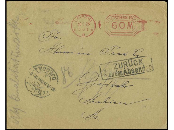 1923, Freistempler "60 M LEIPZIG 30.6.23" auf Brief nach Djeddah mit Ank.-Stempel von Djeddah sowie Ra2 "Zurück an den Absend