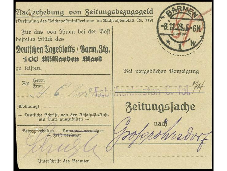 1923, "Nacherhebung von Zeitungsbezugsgeld", vorgedruckte Karte mit Betrag 100 Mrd. Mark, sauber gestempelt "BARMEN 8.11.23" 