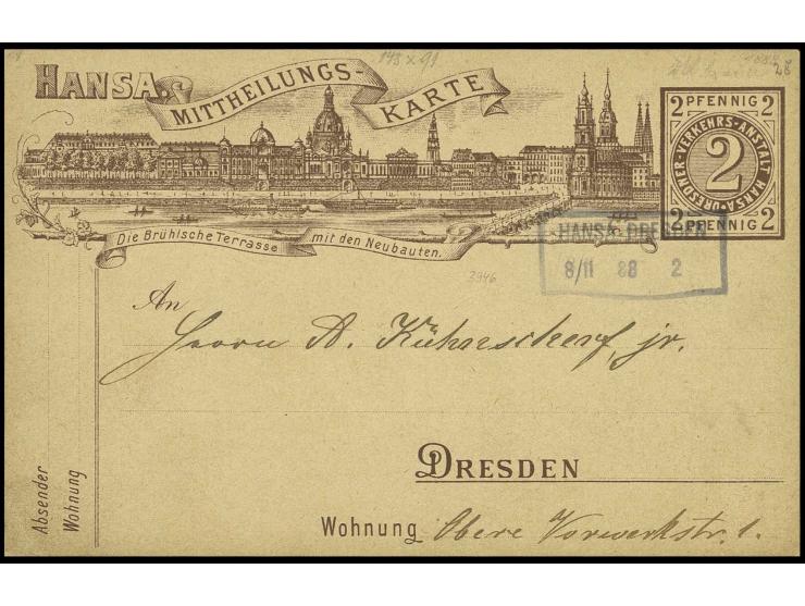 DRESDEN: Hansa: 1888, Ganzsachenkarte 2 Pfg., Ansicht 'Die Brühlsche Terrasse mit den Neubauten', mit R12 'HANSA DRESDEN 8/11