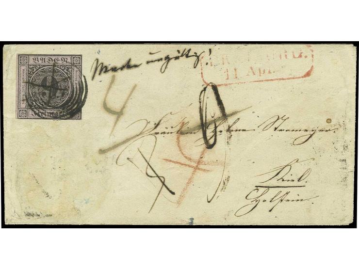 9 Kr. auf lilarosa in gutem üblichem Schnitt mit Nr. "43" und nebengesetztem rotem Ra2 "FREIBURG 11 Apr." (1854) nach Kiel im