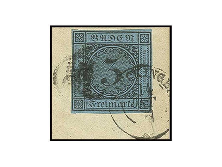 1858, 3 Kr. auf grauultramarin, vollrandig, mit Uhrradstempel "8" und Dkr. "SAECKINGEN 14. OKT" auf kleinem Briefstück, Prach