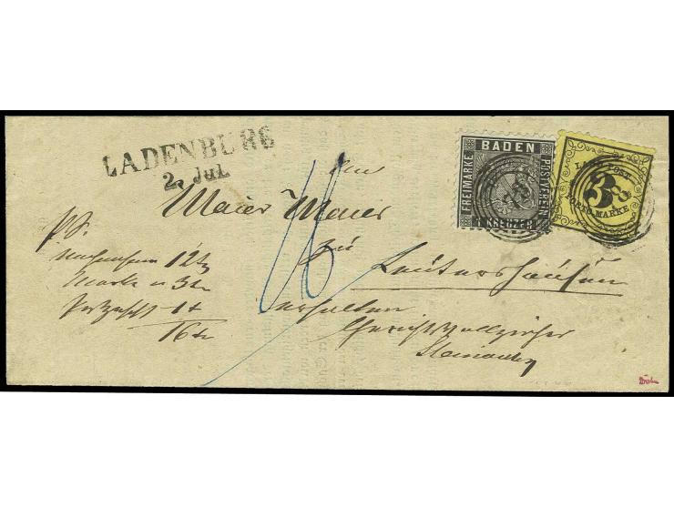1 Kr. schwarz in Mischfrankatur mit Landpost 3 Kr. auf gelb mit Nr. "78" und nebengesetztem L2 "LADENBURG 2 JUL." (1864) auf 