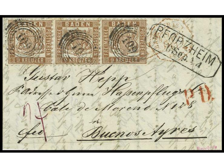 9 Kr. rötlichbraun im waagerechten 3er-Streifen mit Nr. "109" und nebengesetztem Ra2 "PFORZHEIM/6 Sep." (1867) auf kleinem Fa
