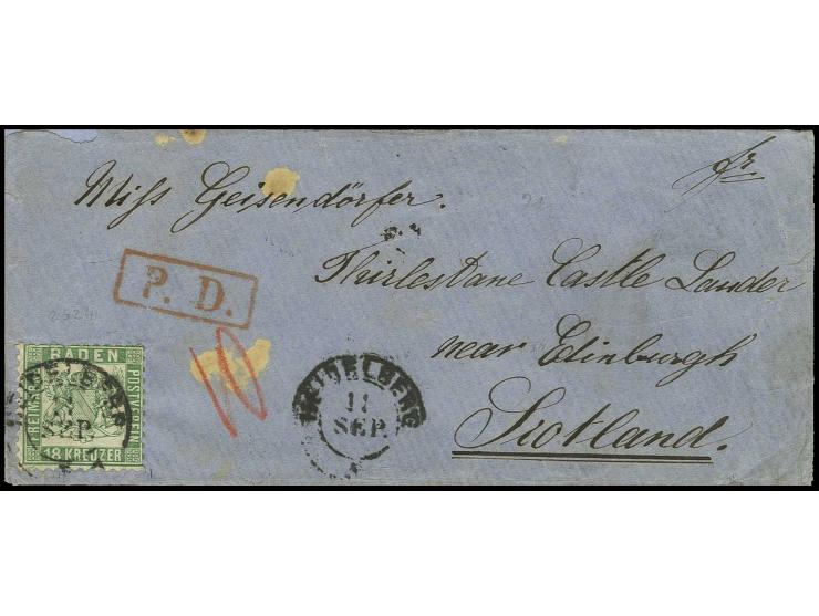 18 Kr. grün, vollzähnig mit DKr. "HEIDELBERG 11 SEP." (1867) auf geringfügig fleckigem Umschlag mit rotem Ra. "P.D." sowie Rö