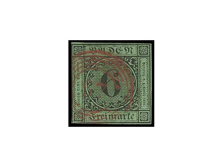 "97" UNZINGEN in rot, sauber auf gut gerandeter 6 Kr. auf blaugrün, Pracht, sign. Georg Bühler und Unverferth