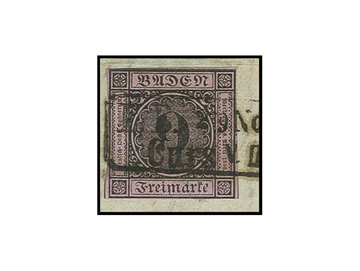 "E.B. 29. NOV. CURS V. II..." auf 9 Kr. auf lilarosa, oben links und unten rechts minimal im Schnitt tangiert, auf kleinem Br