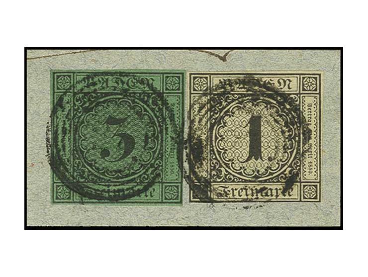 1 Kr. auf sämisch, unten und links unten leicht berührt, sonst voll- bis breitrandig mit 1853/54, 3 Kr. auf grün, ebenfalls g