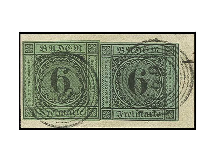 6 Kr. auf blaugrün mit 2. Auflage 6 Kr. auf gelbgrün, beide gut geschnitten, meist voll- bis breitrandig mit Nr. "89" MEERSBU