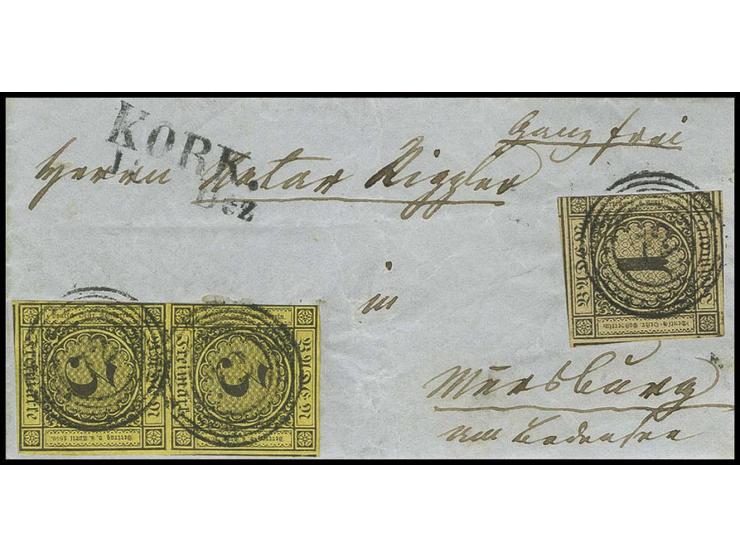 spätere Auflagen: 1 Kr. auf braun, rechts berührt, sonst überrandig und 3 Kr. auf gelb im senkrechten Paar, links leicht berü