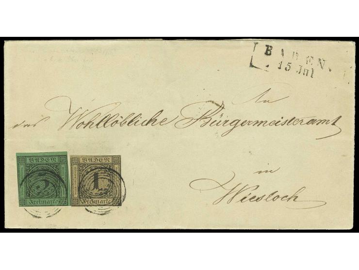 1 Kr. auf braun mit 1853/54, 3 Kr. auf grün mit Nr. "8" und nebengesetztem Aufgabe-Ra2 "BADEN/15 Jul" auf Brief nach Wiesloch