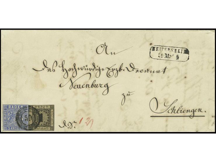 1 Kr. auf braun, ringsum mit der Randlinie geschnitten, mit 1860/62, 3 Kr. ultramarin, bei der ebenso sauber ringsherum alle 