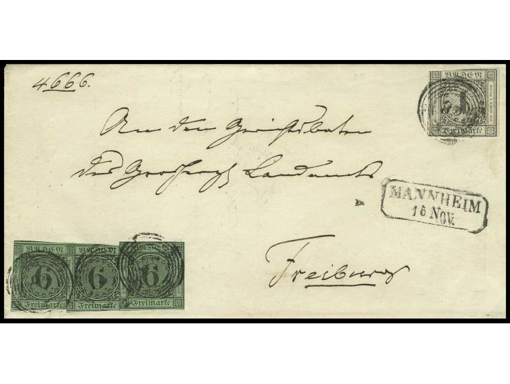 6 Kr. auf gelbgrün, 3 Einzelwerte mit 1853/54, 1 Kr. schwarz, alle mit Schnittmängeln, mit Nr. "87" auf Briefhülle von "MANNH