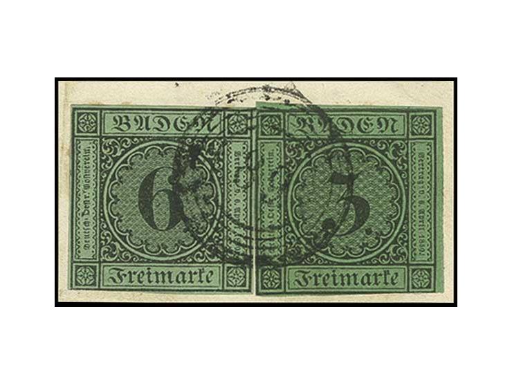 6 Kr. auf gelbgrün mit 1853/54, 3 Kr. auf grün, beide recht gut gerandet mit Nr. "89" MEERSBURG auf Briefstück, Pracht