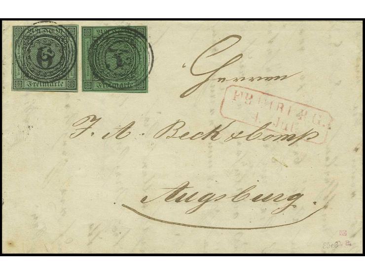 6 Kr. auf gelbgrün mit 1853/54, 3 Kr. auf grün, die 6 Kr. oben links leicht berührt, sonst beide voll- bis überrandig und far