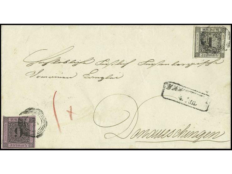 9 Kr. auf lilarosa, unten rechts leicht berührt, sonst voll- bis überrandig und farbfrisch mit 1853/54, 1 Kr. schwarz, teils 