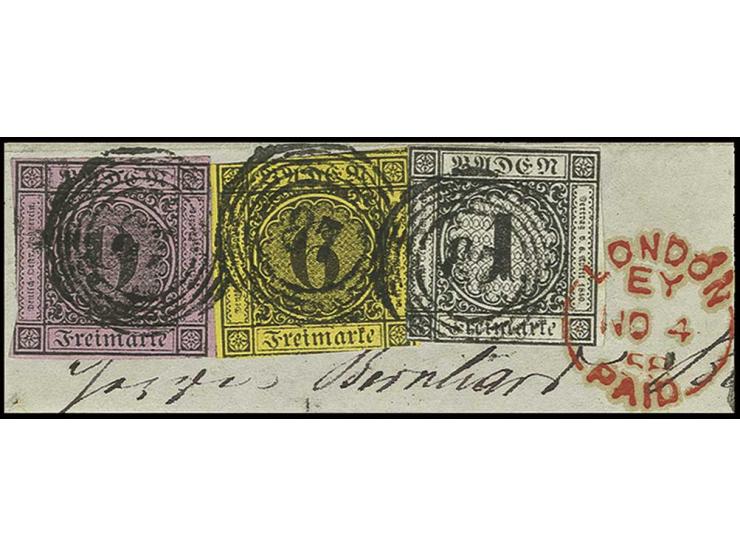 9 Kr. auf lilarosa mit 1853/54, 1 Kr. schwarz und 6 Kr. auf gelb mit Nr. "87" und auf die 1 Kr. übergehendem rotem "LONDON PA