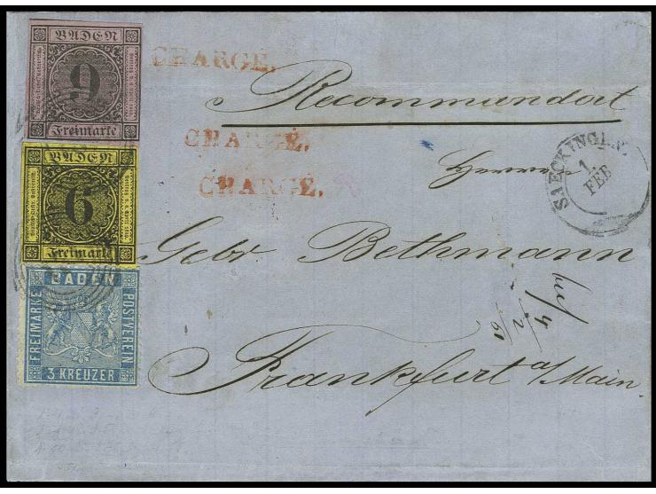 9 Kr. auf lilarosa mit 1853/54, 6 Kr. auf gelb und 1860/62, 3 Kr. preußischblau mit Nr. "121" auf Chargé-Briefhülle von "SAEC