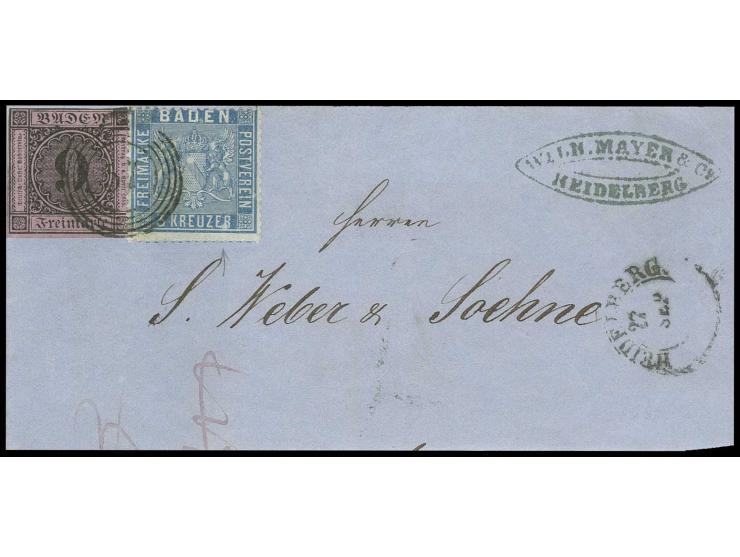 9 Kr. auf lilarosa mit 1860/62, 3 Kr. preußischblau, farbfrisch und gut gezähnt, mit Nr. "57" und nebengesetztem DKr. "HEIDEL
