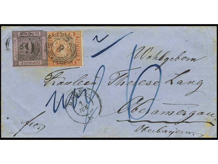 9 Kr. auf lilarosa, oben kleine Stelle durch reißen berührt, sonst voll- bis breitrandig mit 1860/62, 6 Kr. lachsrot, links S