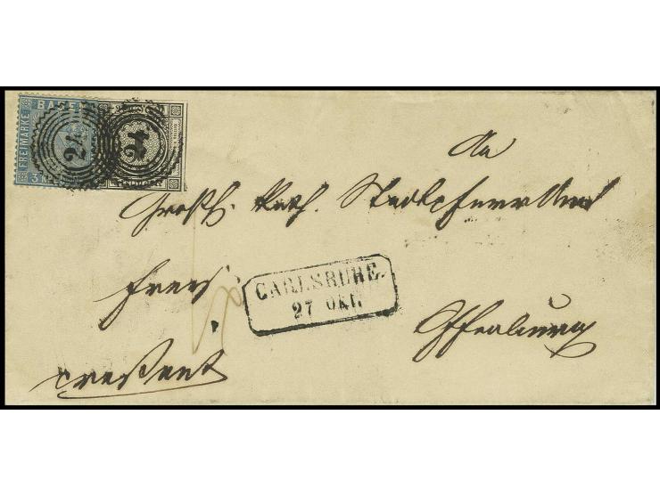 1853, Farbänderung: 1 Kr. schwarz mit 1858, 3 Kr. auf blau mit Nr. "43" auf Brief von Freiburg nach Stahlberg, etwas wasserfl