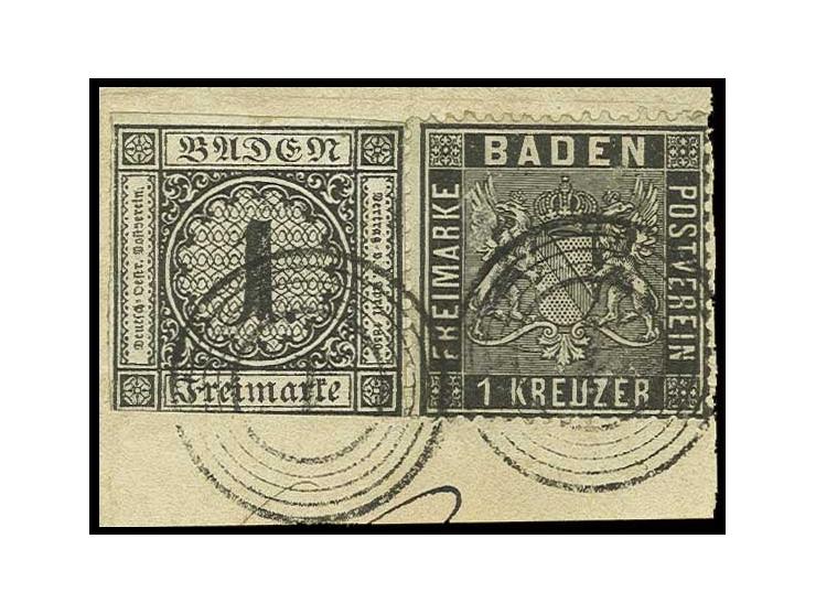 1 Kr. schwarz mit 1860/62, 1 Kr. schwarz mit klarer Nr. "1" AACH auf Briefstück, Pracht, sign. Pfenninger