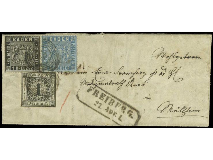 1 Kr. schwarz mit 1860/62, Wappen 1 Kr. schwarz und 3 Kr. preußischblau mit Nr. "43" auf kleinem Faltbrief von "FREIBURG 27. 