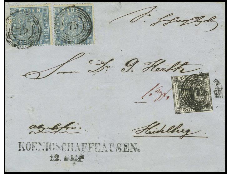 1 Kr. schwarz mit zwei Einzelwerten 1860/62, 3 Kr. preußischblau, beide farbfrisch und gut gezähnt mit Nr. "75" und nebengese