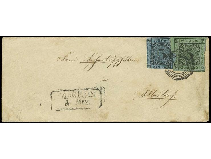 3 Kr. auf grün mit 1858, 3 Kr. auf blau mit Nr. "87" und nebengesetztem Ra2 "MANNHEIM/9. Mrz." auf kleiner Briefhülle nach Mo