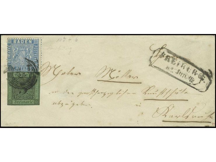 3 Kr. auf grün mit 1860/62, 3 Kr. preußischblau mit Nr. "43" auf kleinem Kuvert von "FREIBURG/2. Jun." nach Carlsruhe, Pracht