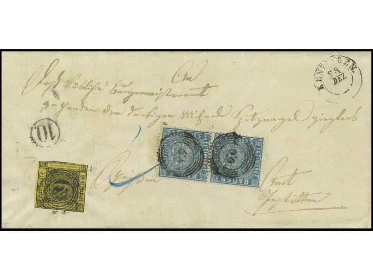 6 Kr. auf gelb mit 1860/62, 3 Kr. preußischblau im waagerechten Paar mit Nr. "69" auf Briefhülle von "KENZINGEN 28. DEZ" nach