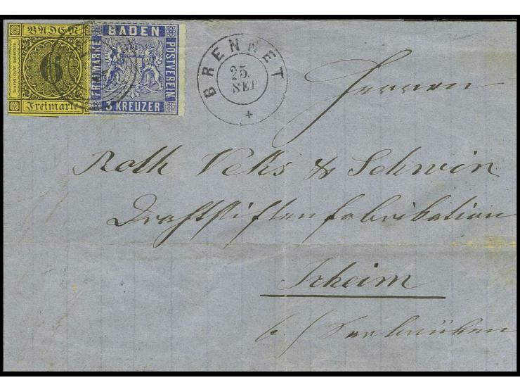 6 Kr. auf gelb mit 1860/62, 3 Kr. veilchenblau in typischer frischer Farbe und gut gezähnt, mit über beide Werte gehendem Abs