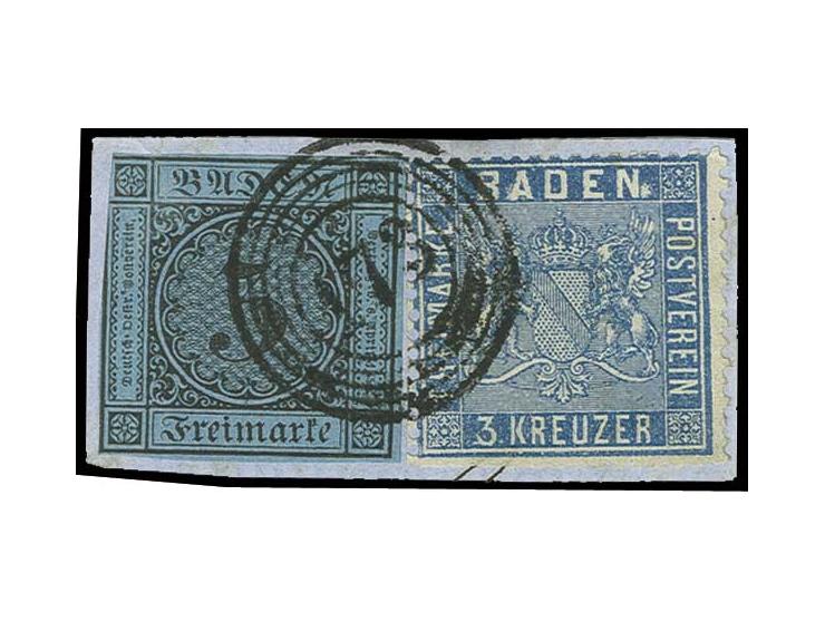 3 Kr. auf blau, 3seitig voll- bis breitrandig, nur links etwas berührt, mit 1860/62, 3 Kr. auf preußischblau (unten teils Sch