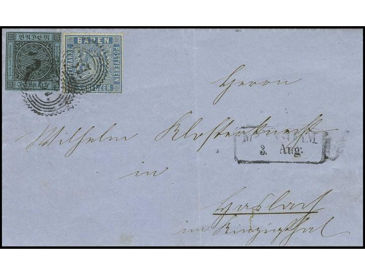 3 Kr. auf blau, rechts angeschnitten, sonst gut bis üblich gerandet mit 1860/62, 3 Kr. preußischblau mit Nr. "87" auf Briefhü
