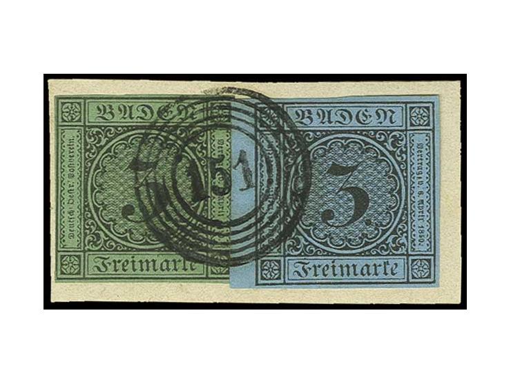 3 Kr. auf blau mit durchschlagendem Druck, allseits breitrandig mit 3 mm linkem Bogenrand, mit 3 Kr. auf grün mit Nr. "151" W