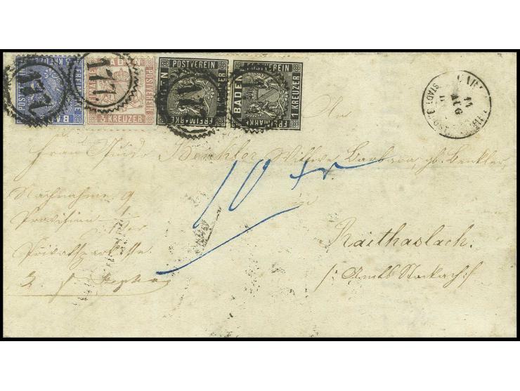 1860/61, liniierter Grund, eng gezähnt: 1 Kr. schwarz im senkrechten Paar und 3 Kr. ultramarin mit 1862, weißer Grund, weit g