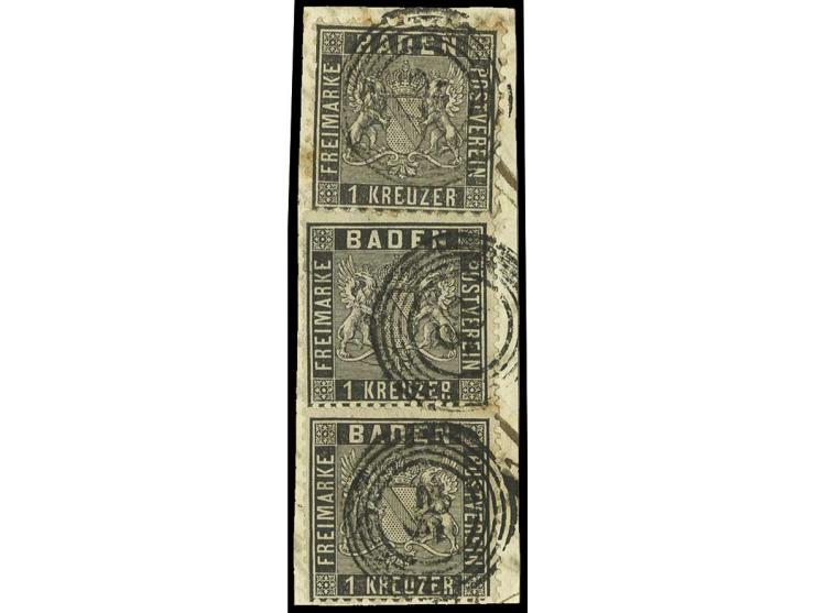 1 Kr. schwarz im senkrechten Paar mit 1862/63, 1 Kr. schwarz mit Nr. "25" CONSTANZ auf Briefstück; einige Zahnspitzen leicht 