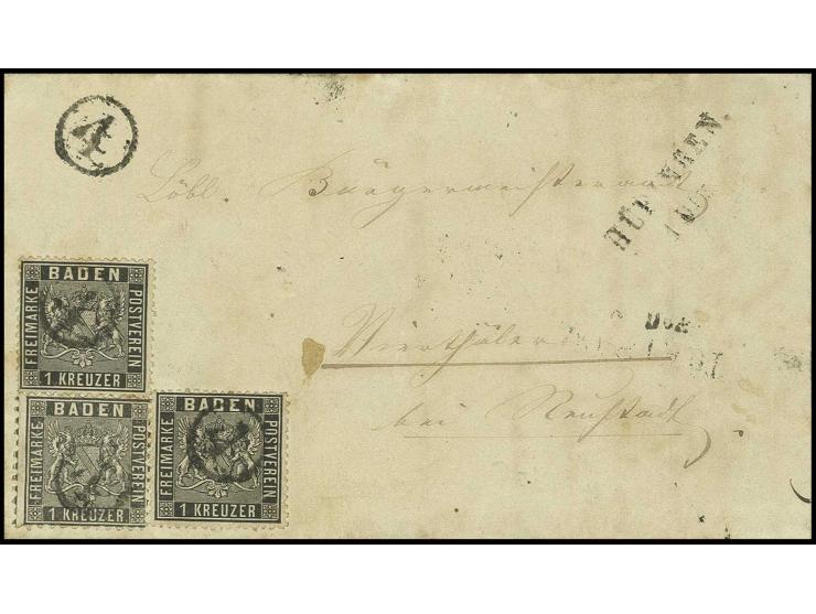 1 Kr. schwarz, zwei Einzelwerte mit 1862/63, 1 Kr. schwarz, weit gezähnt, je mit Uhrradstempel "4" auf kpl. Faltbrief von Beh