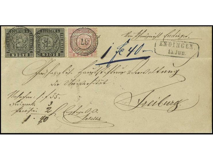 1 Kr. schwarz im waagerechten Paar mit 1862/66, 3 Kr. hellrot mit jeweils sauberer Nr. "37" auf Nachnahmebrief von "ENDINGEN/