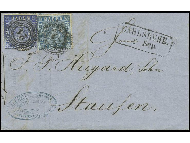 3 Kr. lebhaftpreußischblau zusammen mit 3 Kr. veilchenblau mit Zackenkranzsstempel "24" auf Faltbrief von "CARLSRUHE/2 Sep." 