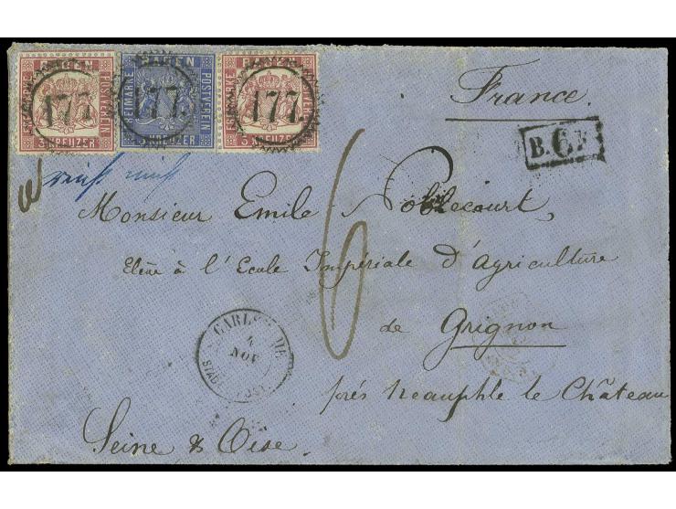 3 Kr. ultramarin mit zwei Stück 1862, 3 Kr. rosa, eng gezähnt, abwechselnd geklebt, jeder Wert mit sauberem Zackenkranzstempe