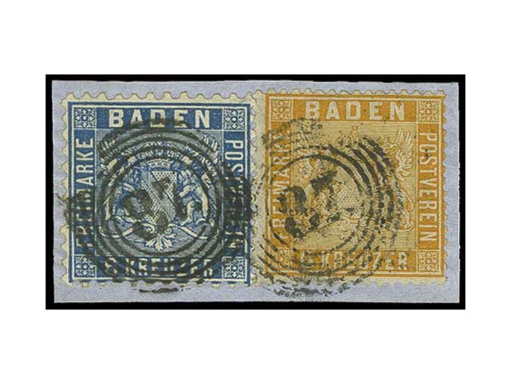 6 Kr. orange mit 1862/63, 6 Kr. preußischblau, beide farbfrisch und gut gezähnt mit Nr. "87" MANNHEIM auf Briefstück, Pracht,