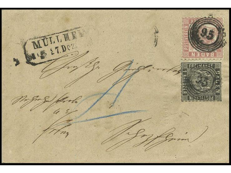 1 Kr. schwarz mit 1862/66, 3 Kr. rosa, beide farbfrisch und gut gezähnt mit Nr. "95" auf Zustellschein von "MÜLLHEIM/27. Dez.